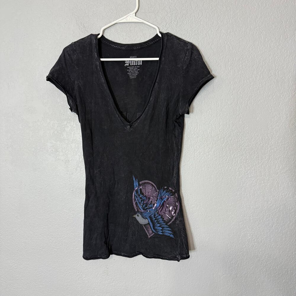 Sinful Y2K Black Graphic Tee |‎ Deep V Neck Fitted Top size small